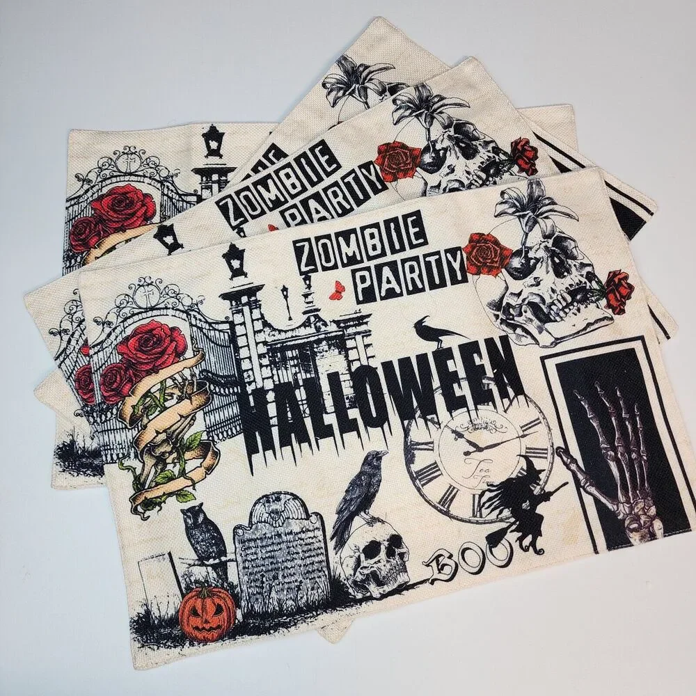 Halloween Theme Place Mats 4 Pack Roses Crows Skulls Spooky Zombie Party 18x12